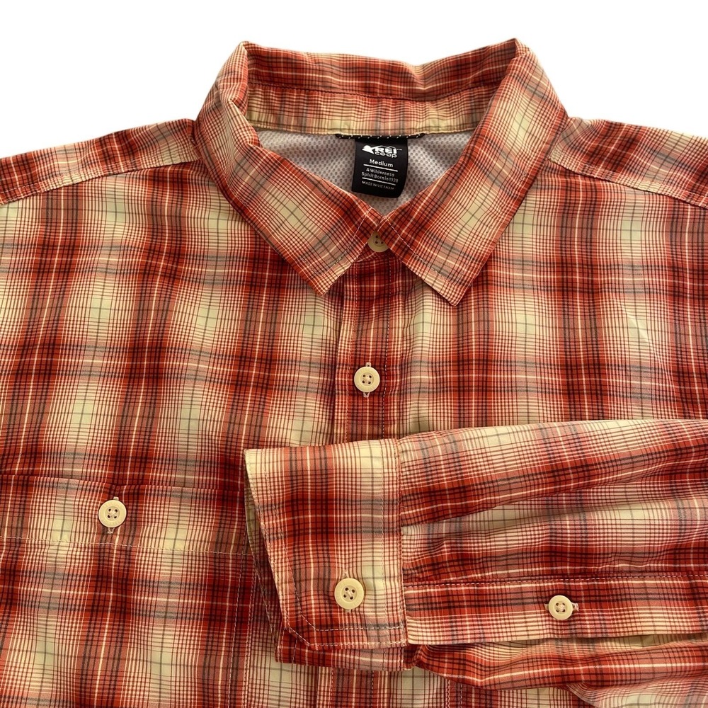 REI Co-op Shirt Mens Medium Red-orange Plaid Roll‎ Tab Sleeve Vented Hiking